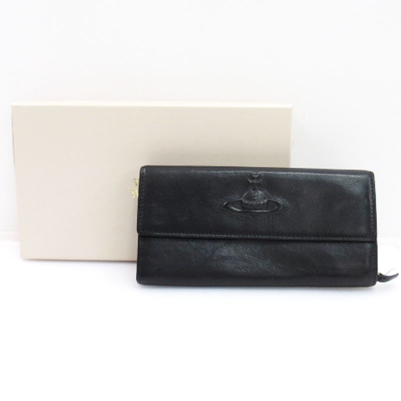 【美品】ヴィヴィアンウエストウッド レザー 長財布 オーブ フラップ ブラック ヴィヴィアンウエストウッド Vivienne Westwood オーブ 長財布
