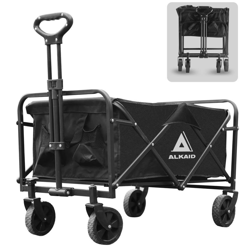(中型（ブラック）) ワイドタイヤ キャンプカート キャリーカート アウトドアワゴン 折り畳み 大容量 耐荷重150kg キャリーワゴン ALKAID