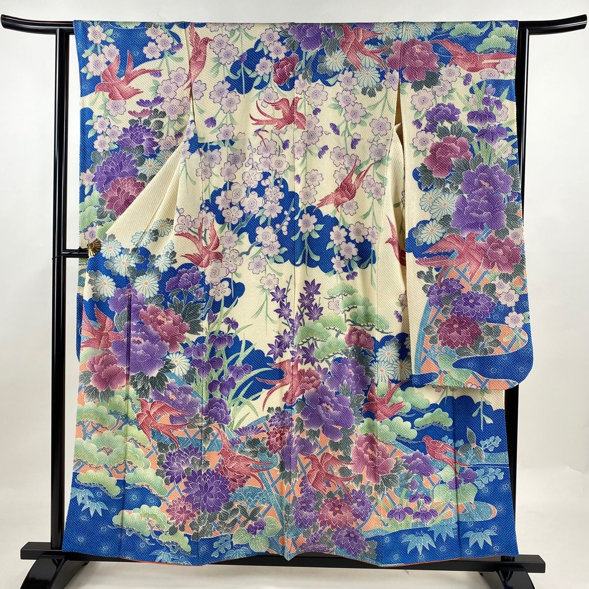 振袖 身丈159cm 裄丈62cm S 袷 牡丹 鳥 総絞り クリーム 正絹 秀品