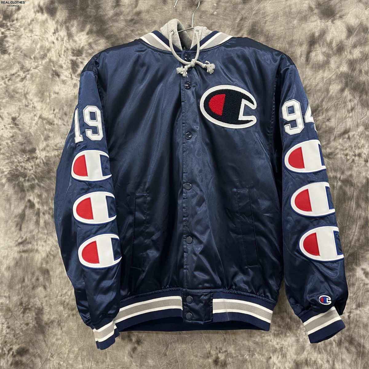 Supreme champion hooded hotsell satin varsity jacket navy