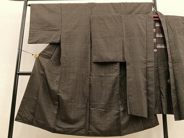 平和屋着物○上質な紬 縞 黒地 正絹 逸品 AABA4524np