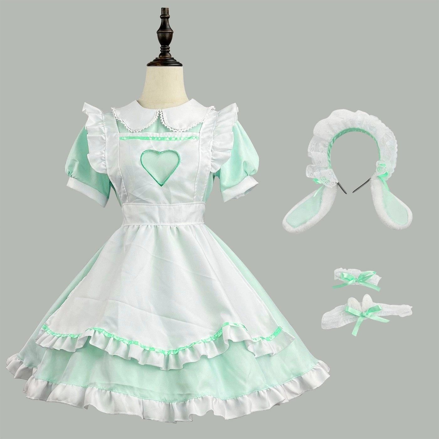 オリジナル うさぎロリータワンピース ライトグリーン×ホワイト うさ耳カチューシャ付き フレッシュ甘ロリ フリル＆レース