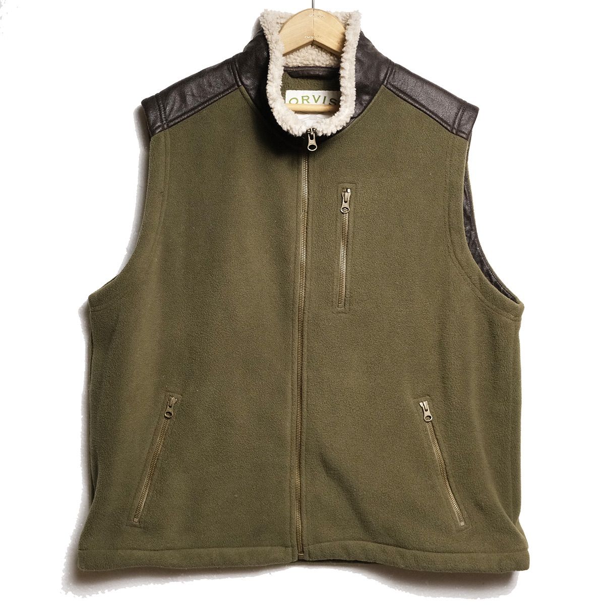 90's 00's オービス フェイクレザー切替 フリース ベスト 緑×茶系 (L) OD×ブラウン系 90年代 旧タグ オールド アウトドア ORVIS 90's 00's オービス フェイクレザー切替 フリース ベスト 緑×茶