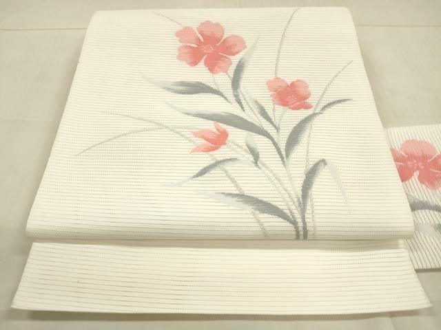 平和屋着物＊夏物 八寸名古屋帯 草花文 銀糸 正絹 逸品 DAAU4368cm  