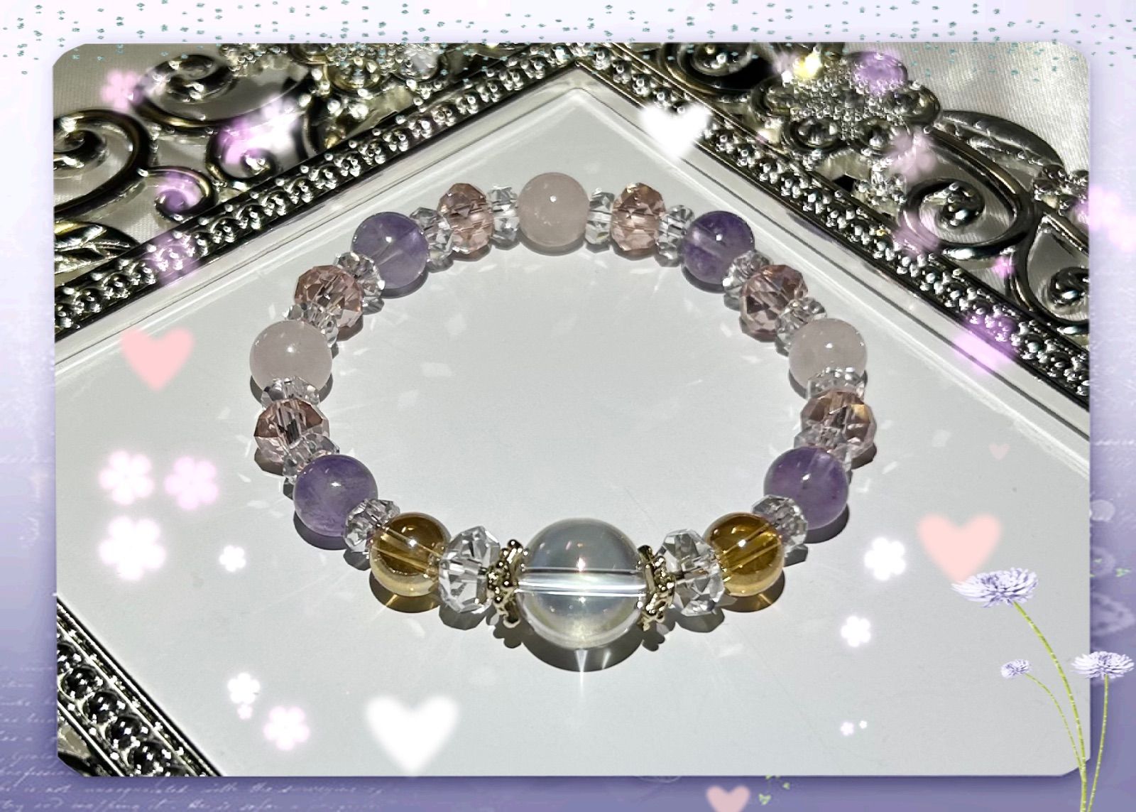 ハンドメイドローズクォーツ水晶クリスタルビーズ曼荼羅 神聖幾何学 魔