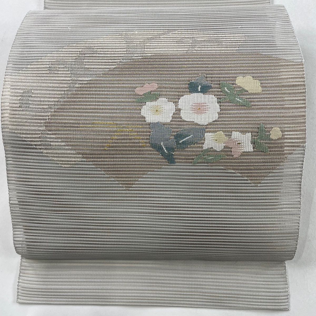 名古屋帯 秀品 夏帯 絽 松葉仕立て 八寸名古屋帯 扇面 草花 金糸 灰色 正絹