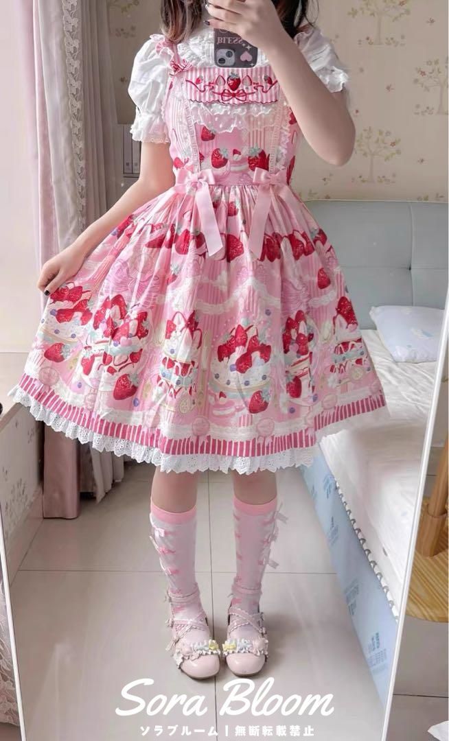 ケーキ柄ロリータワンピース 甘ロリ ピンク Mサイズ 新品 お出かけ・撮影会に 新品未使用ケーキ柄ロリータワンピース 甘ロリ ピンク Mサイズ