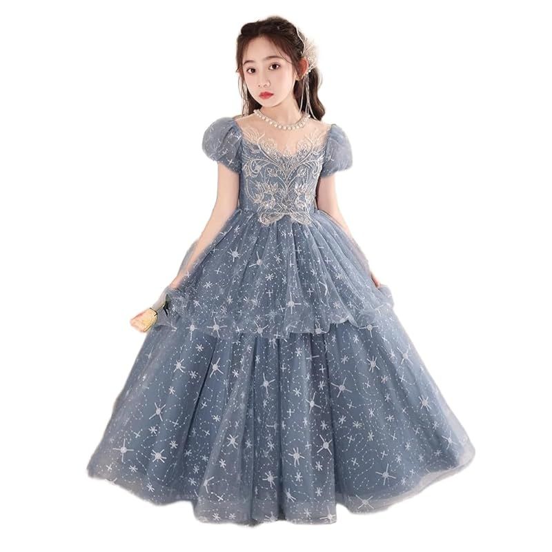 VOKLLIYU 子供 ドレス パーディー コンクール プレゼント刺繍 上品 卒業式 発表会 ドレス 女の子 フォーマル ロングドレス キッズ ジュニア ピアノ 演奏会 結婚式 120-170 ブルー 150