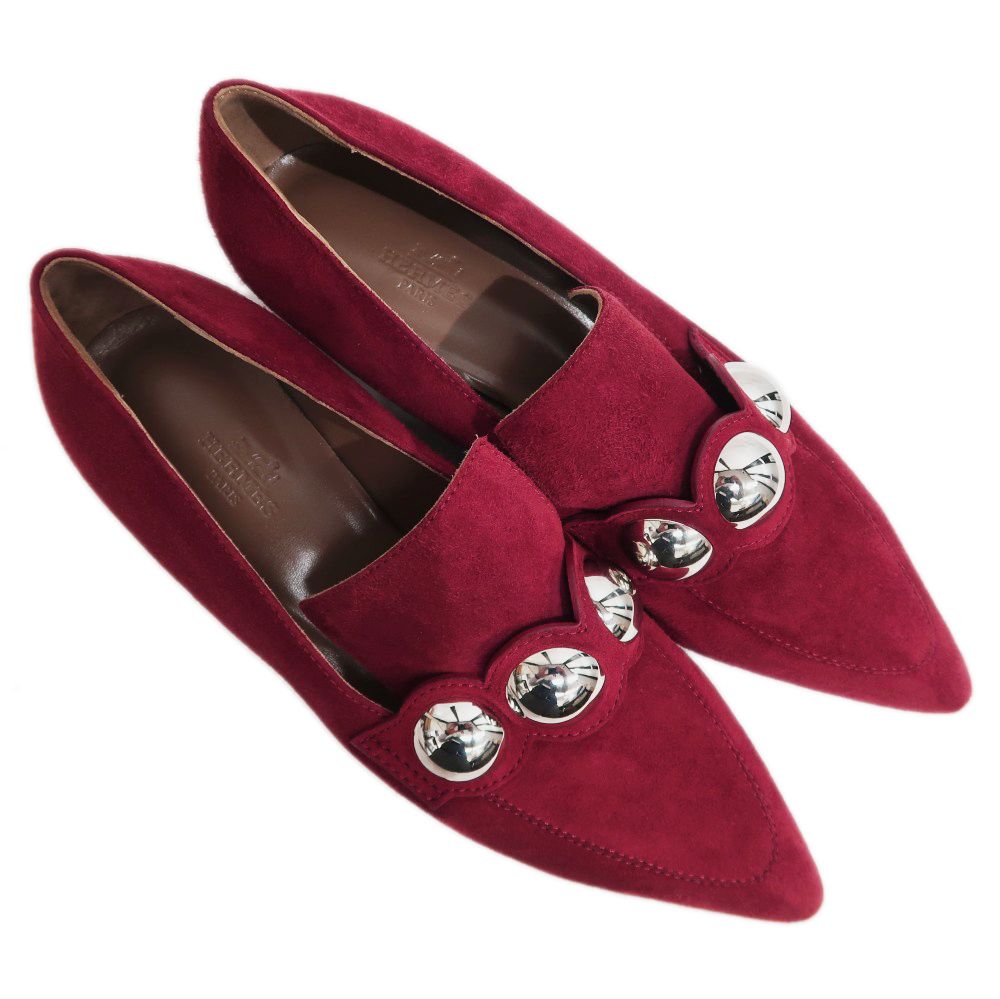 名東】【HERMES】エルメス スタッズ パンプス 37 赤系 スウェード