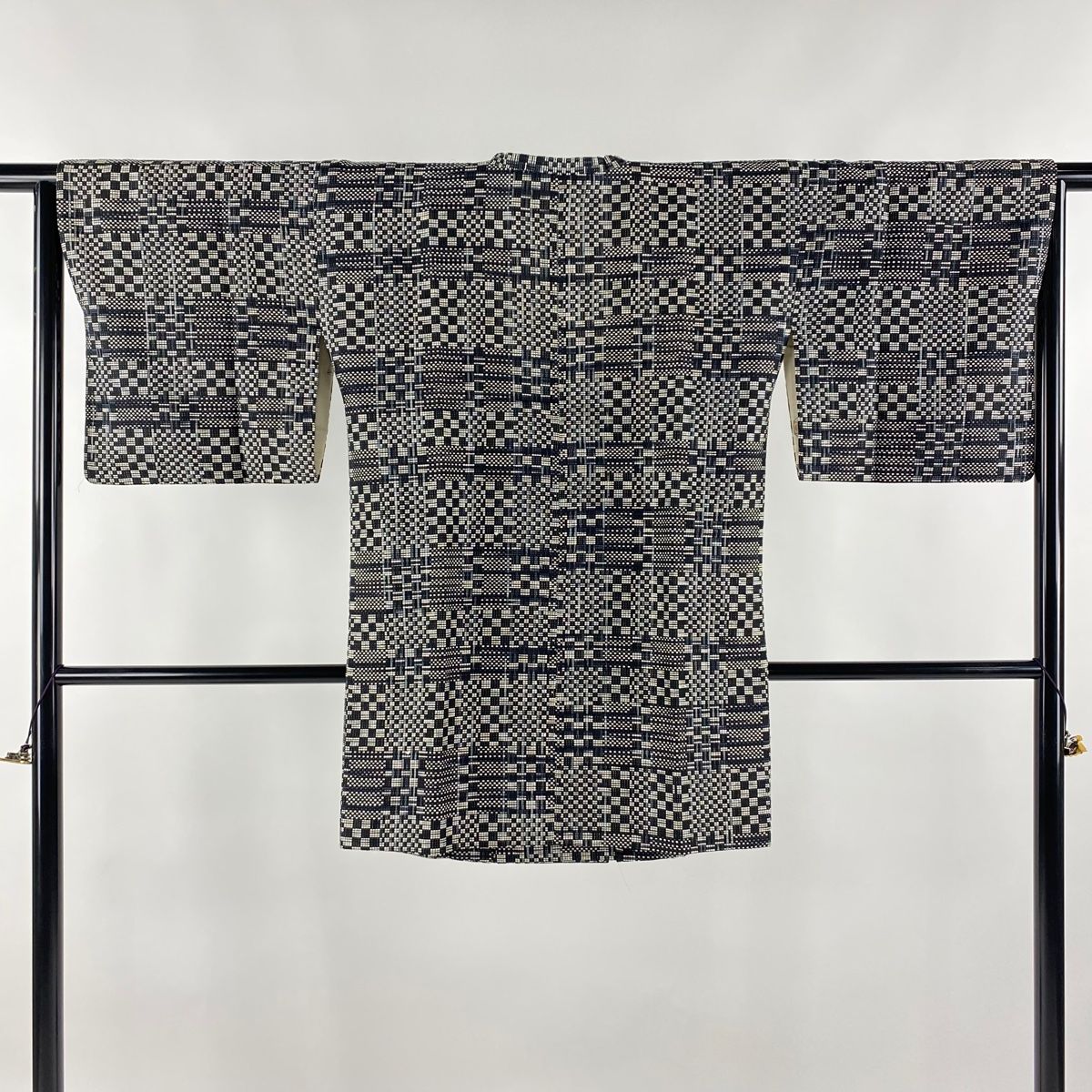 道行 身丈88.5cm 裄丈65cm M 和装コート 角衿 市松 黒 正絹 名品