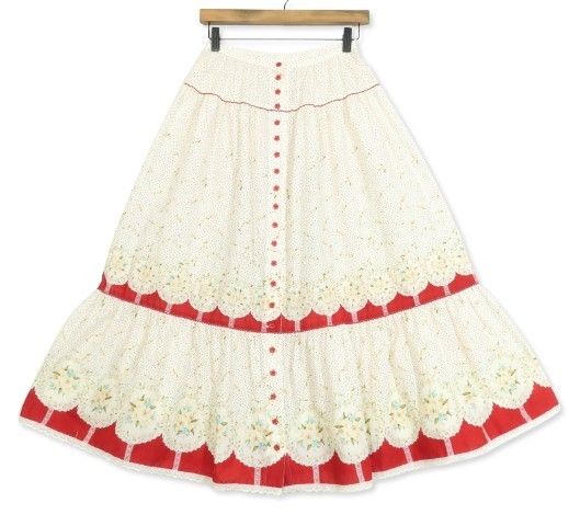 美品】ピンクハウス☆ドットと花柄のティアードスカート 白×赤系 前