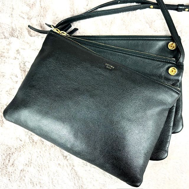 ☆良品☆ CELINE セリーヌ ショルダーバッグ トリオ スモール torio small セカンドバッグ クラッチバッグ 肩掛け 斜め掛け  オールレザー 本革 アコーディオン ブラック 黒 レディース 鑑定済 B-151