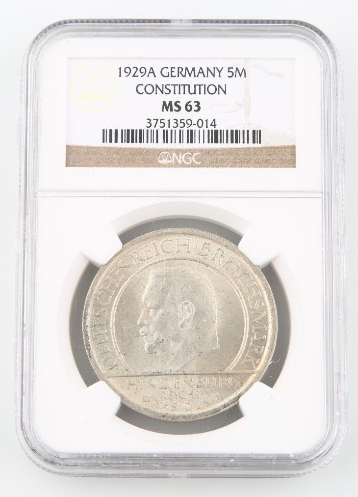 1929-A Germany 5 Reichsmark Silver Coin MS-63 NGC Weimar Constitution KM-64