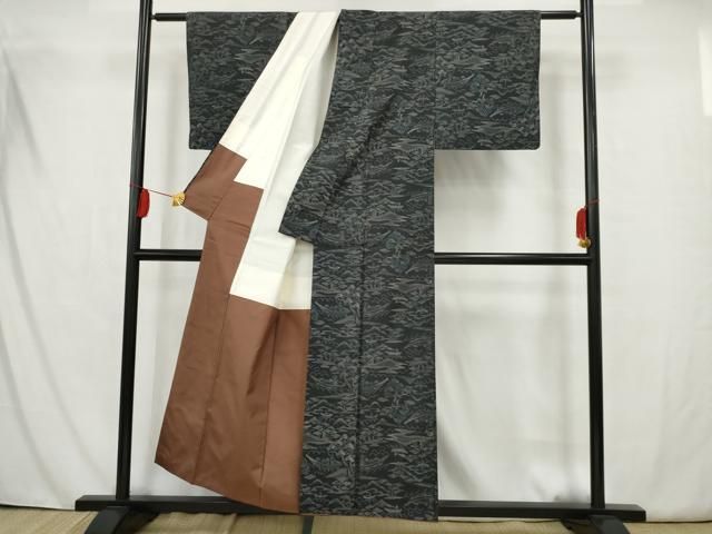 平和屋着物▽大島紬 単衣 草花文 反端付き 正絹 逸品 AABA7623fy