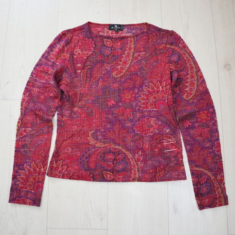 ETRO エトロ ペイズリー柄 ウール|ナイロン 長袖 カットソー トップス 44 ボルドー M09-k046
