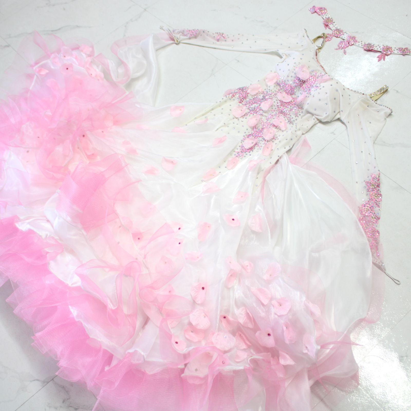 【社交ダンス衣装】ピンク 豪華フリル ワンピース ドレス ラインストーン 花柄 社交ダンス衣装】ホワイト×豪華フロート ワンピース ドレス