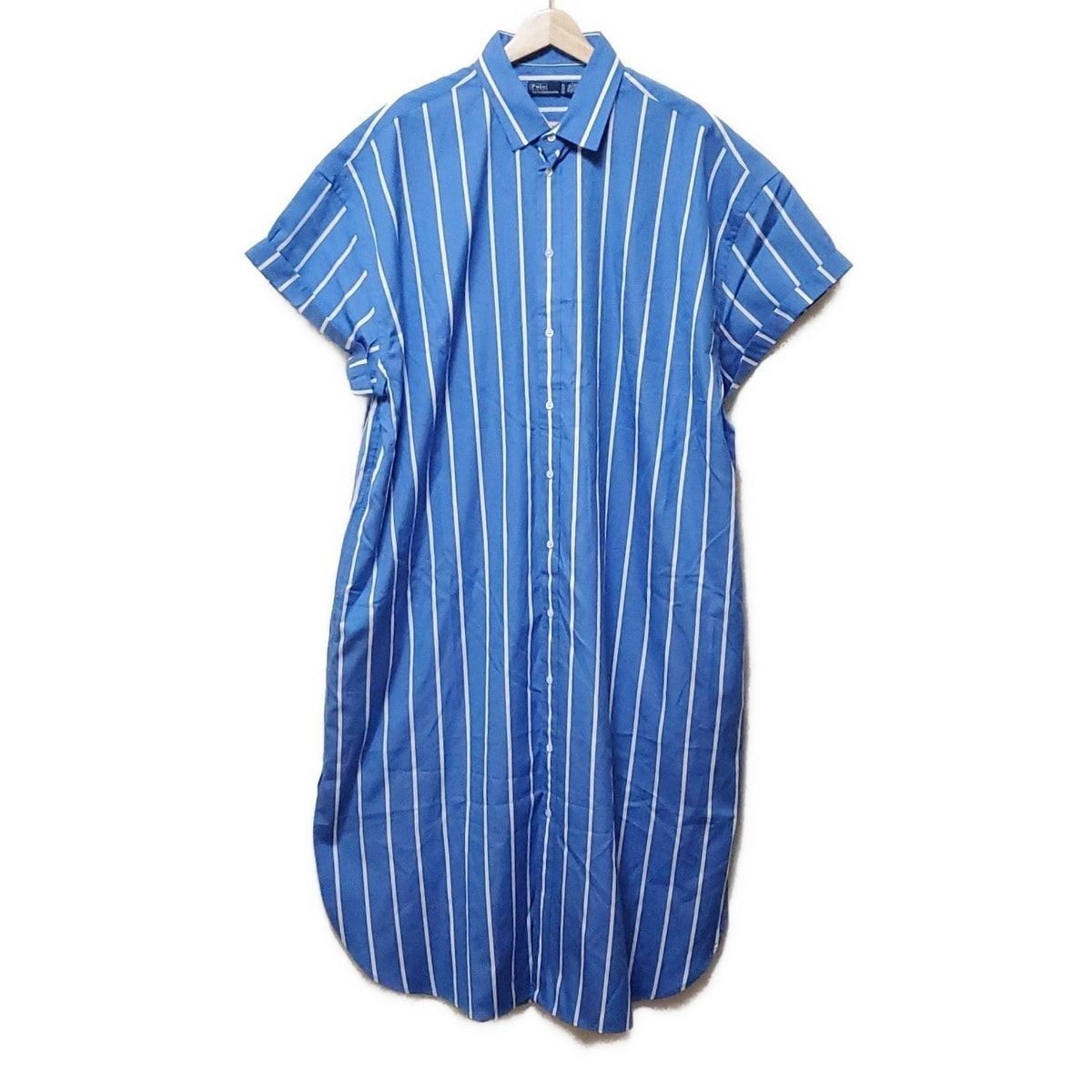 POLObyRalphLauren ポロラルフローレン ワンピース サイズXL レディース - ブルー×白 半袖 ロング シャツワンピ ストライプ