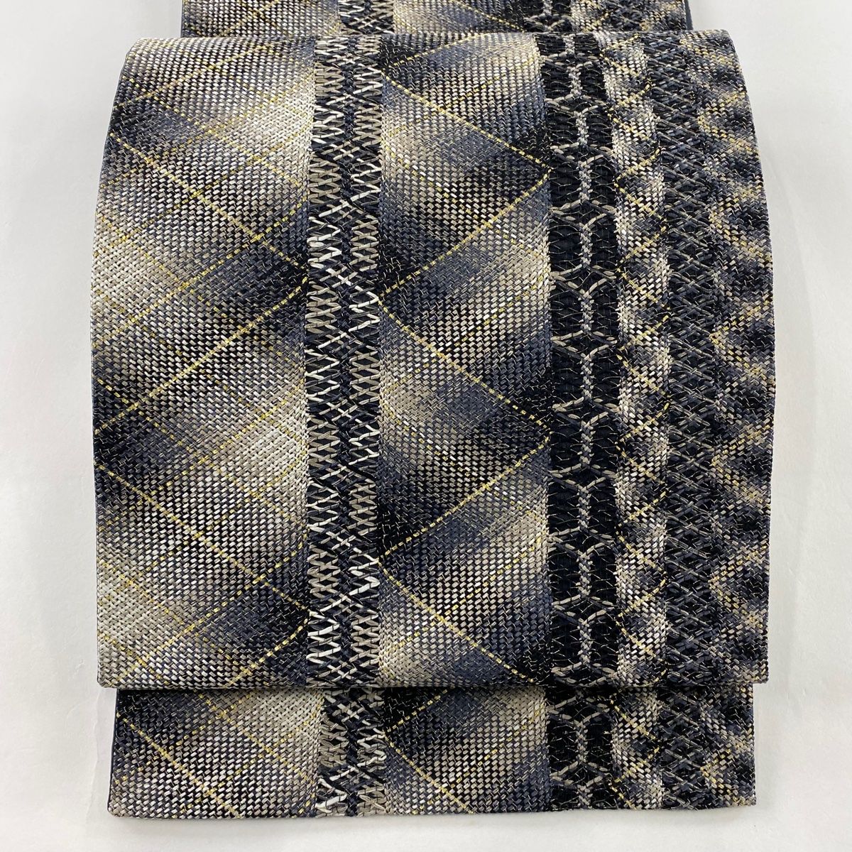 袋帯 秀品 幾何学模様 金銀糸 青灰色 全通 正絹