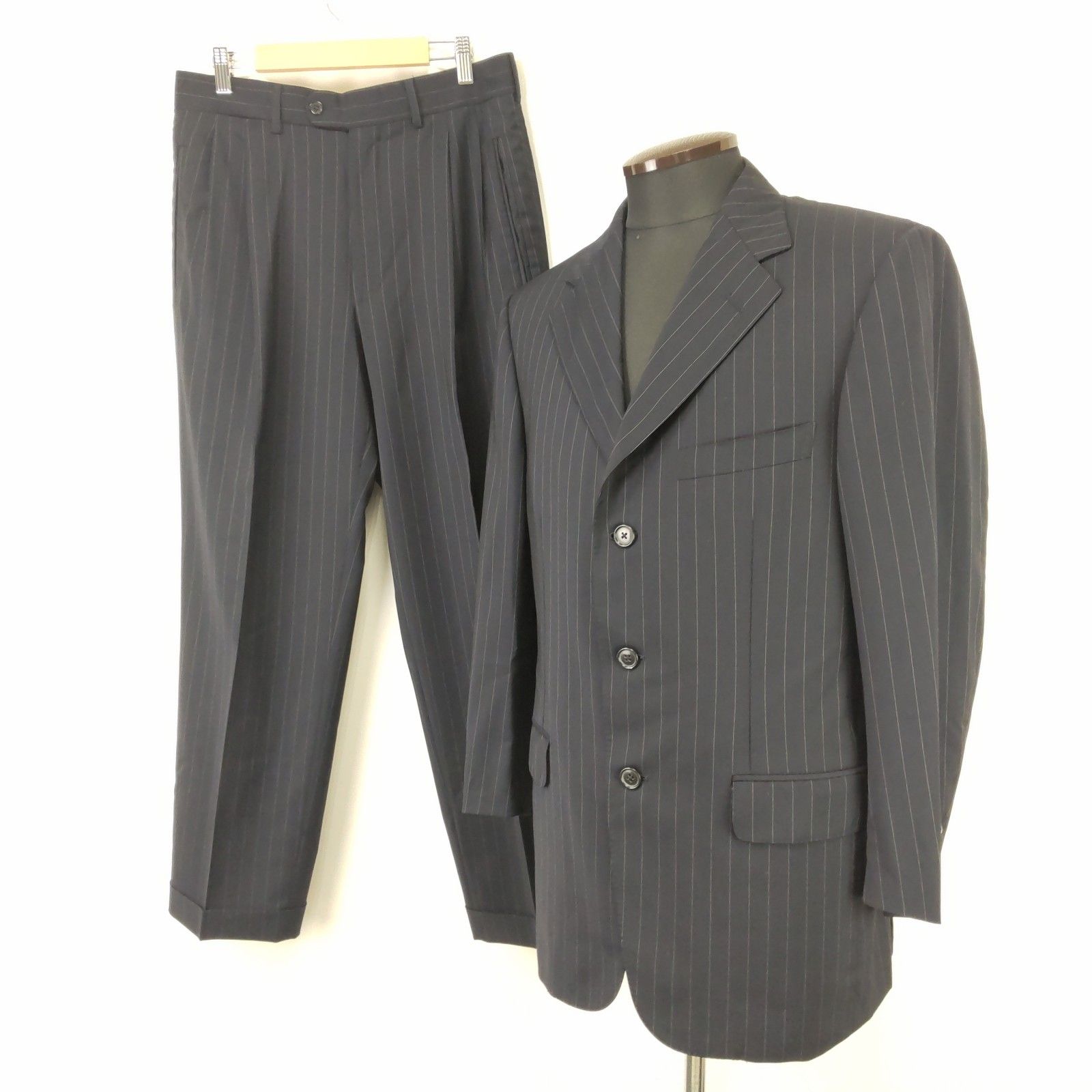 Ermenegildo Zegna エルメネジルド ゼニア 背抜きスーツ 上下セットアップ TG.48 メンズM-L程度 黒 black ストライプ柄 スラックス Jacket Pants Trousers BJ115-c