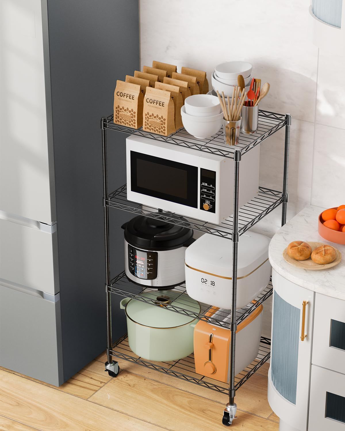 AEEZO 4段 スチールラック 幅60×奥行35×高さ125cm キャスター付き メタルラック キッチンラック 棚ラック 収納ラック 耐荷重80㎏ 高耐久ストレージシェルビング 高さ調節 防サビ加工 収納棚 メタルシェルフ スチールシェルフ サビに