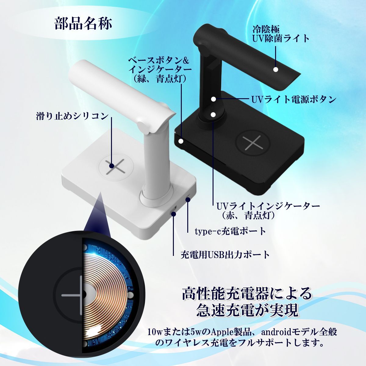 ワイヤレス充電器 iphone android UVC除菌ライト 2in1