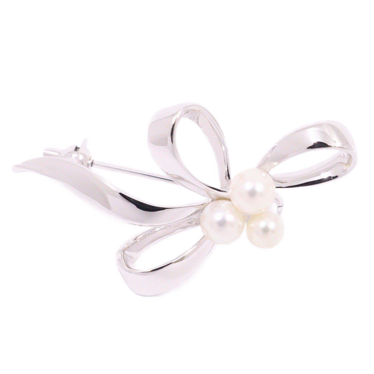 MIKIMOTO ミキモト リーフ リボンモチーフ ブローチ シルバー|パール3粒 いおき質店