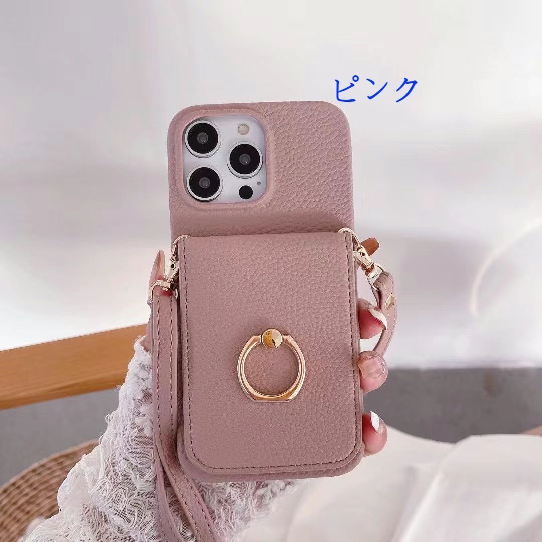 104.ショルダー タイプ スマホケース iphone14  リング付 ミラー付 ミラー/リング/カード入れ/ショルダータイプ スマホケース