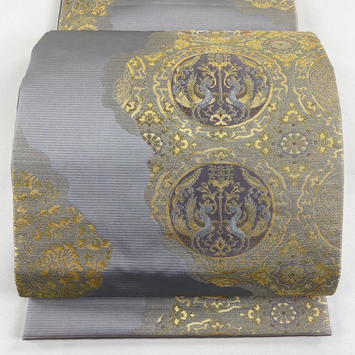 袋帯 美品 秀品 関西仕立て 向かい鳥 草花 金銀糸 箔 灰色 六通