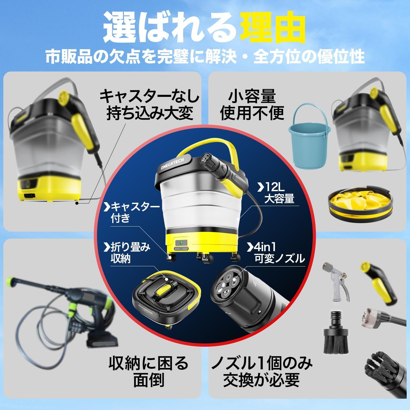 マルチクリーナー F able 収納高さ12cm キャスター付 最新4in1ノズル フォルダブル 高圧洗浄機 コードレス 充電式 ハンディ コンパクト モバイル 12Lバケツ 家庭用 1MPa 水道接続不要 35分連続使用 Type-C充電 PSE認証 WWW_KANDAIZUMI_COM