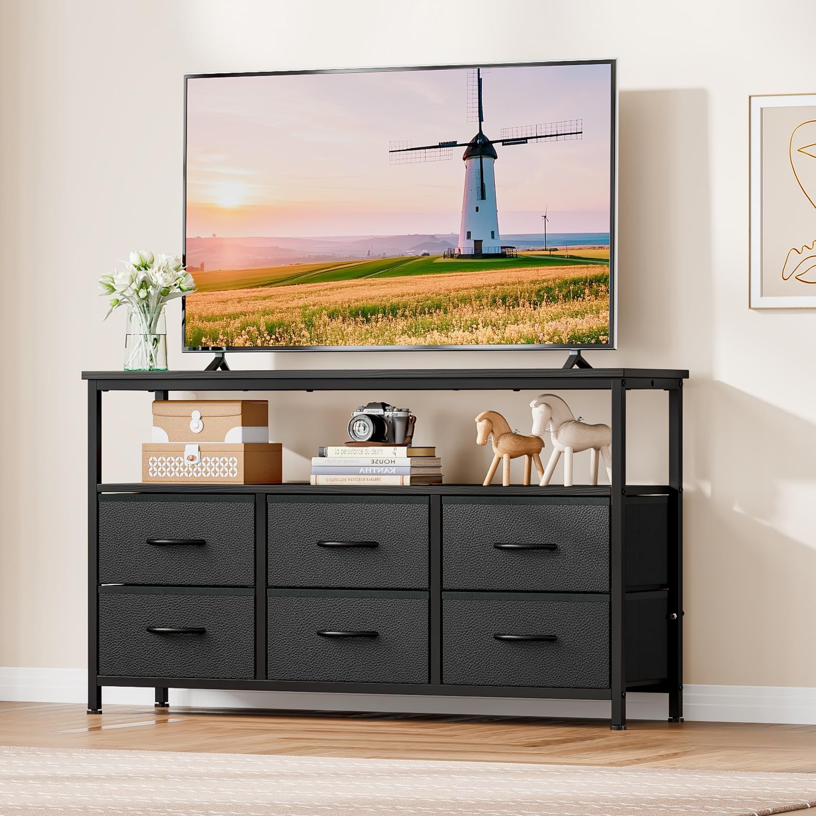 120×30×68cm 32 55インチテレビ対応 ブラック 6引き出し付き収納キャビネット 木製 大容量収納 テレビボード 耐磨 ローボード 高耐荷重 省スペース tv台 おしゃれ テレビ台 ブラック