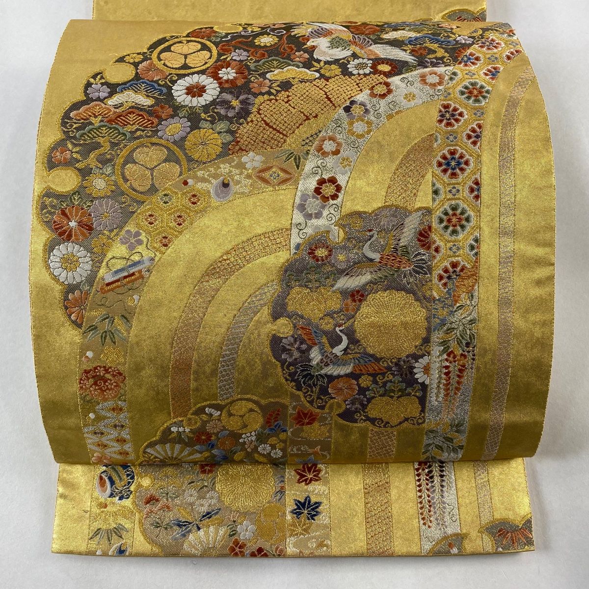 袋帯 長嶋成織物 落款 関西仕立て 瀞金錦 雪輪 花鳥 金糸 箔 金色 六通 正絹