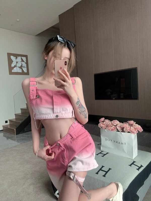 セットアップ デニム ビスチェ ショートパンツ 韓国 ストリート ダンス レディース 原宿系 グラデーション HIPHOP 衣装 Y2K nee3u253169