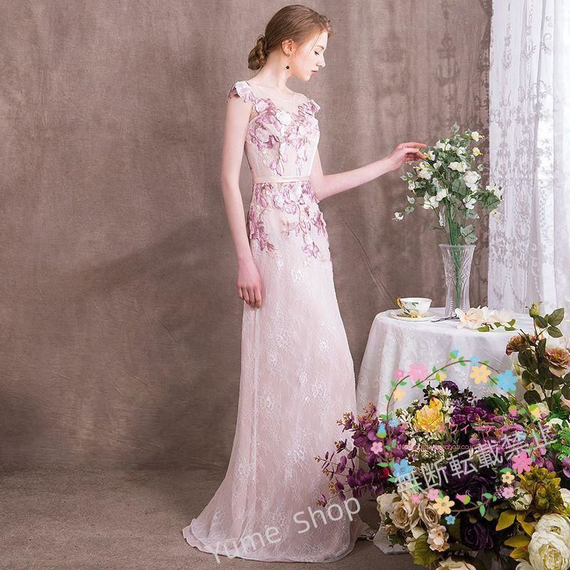 ♥ スレンダードレス ロング カラードレス カクテルドレス 花嫁 パーティードレス 演奏会 フォーマル 結婚式 イブニングドレス 二次会 発表会 ピンク 花 エレガンス nhdw136