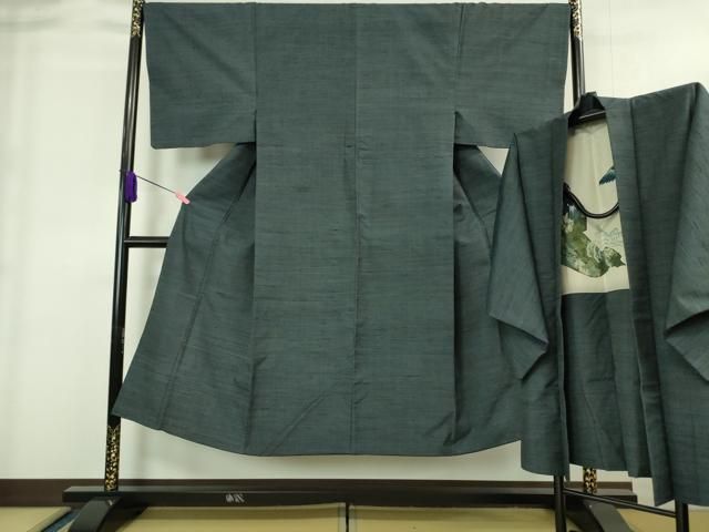 平和屋着物 上 男性 紬 アンサンブル 色無地 藍墨茶色 羽裏 鳥 DZAA8533kh5