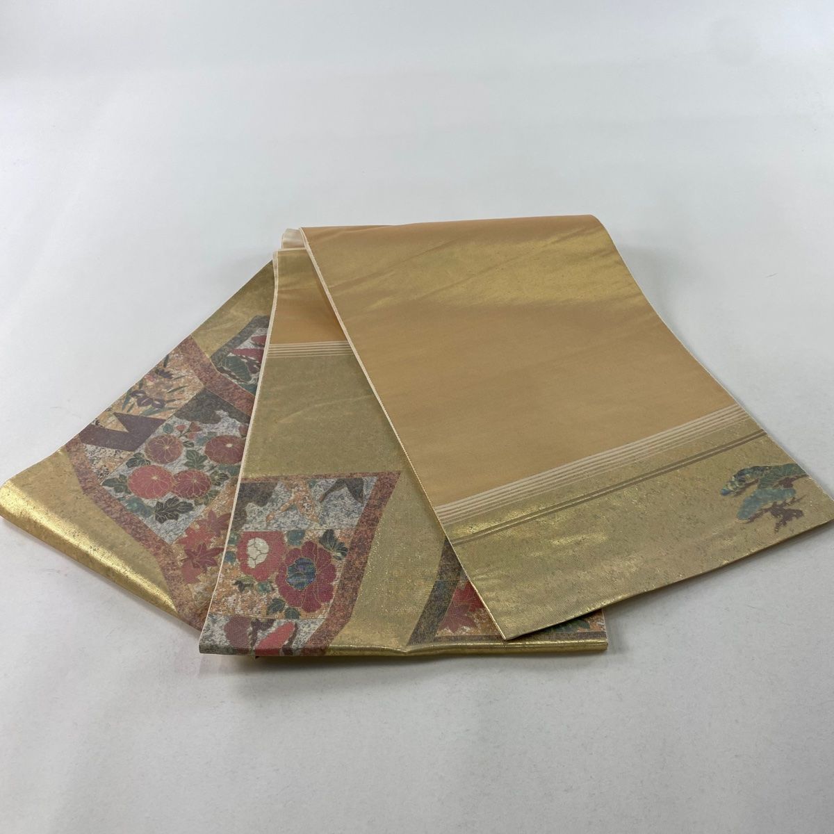 袋帯 秀品 屏風 草花 螺鈿 箔 金色 お太鼓柄 正絹 【中古