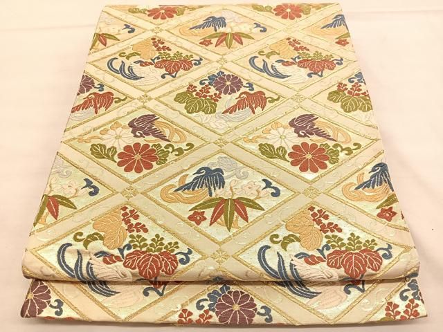 平和屋着物◎六通柄袋帯 唐織 菱天井花鳥文 金糸 正絹 逸品