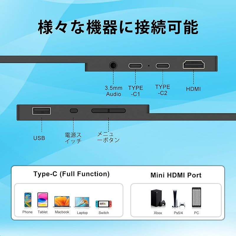  モニター 15.6インチ2 K 3 2画面比 ゲームモニター sRGB広色域 500 nits 高輝度 薄型 軽量 2560 1680 内蔵スピーカー VESA対応 45°調整 ブラケット 付き Type-C HDMI接続可PS 4 Switch PC M 周辺機器 Wii