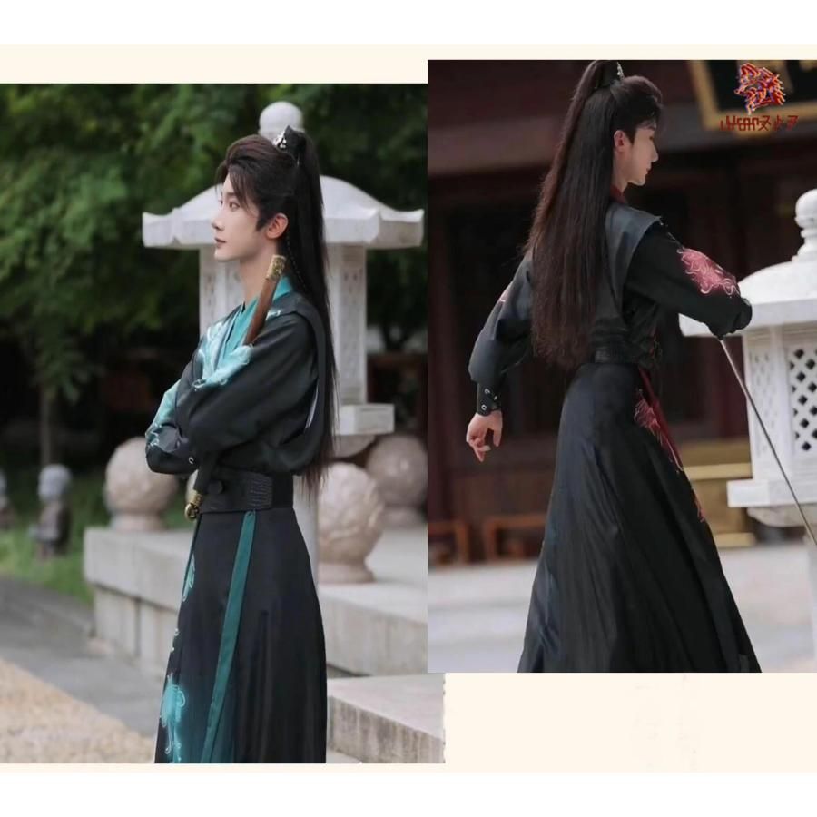 メンズ 漢服 5点セットアップ おしゃれ 暗黒 武侠風 チャイナ服 中国古代服装 男性 大人 ジュニア 蛍光感のプリント 黒に赤 緑 動きやすい BJ0903ML127 WWW_TRAVELLANDINDIA_COM