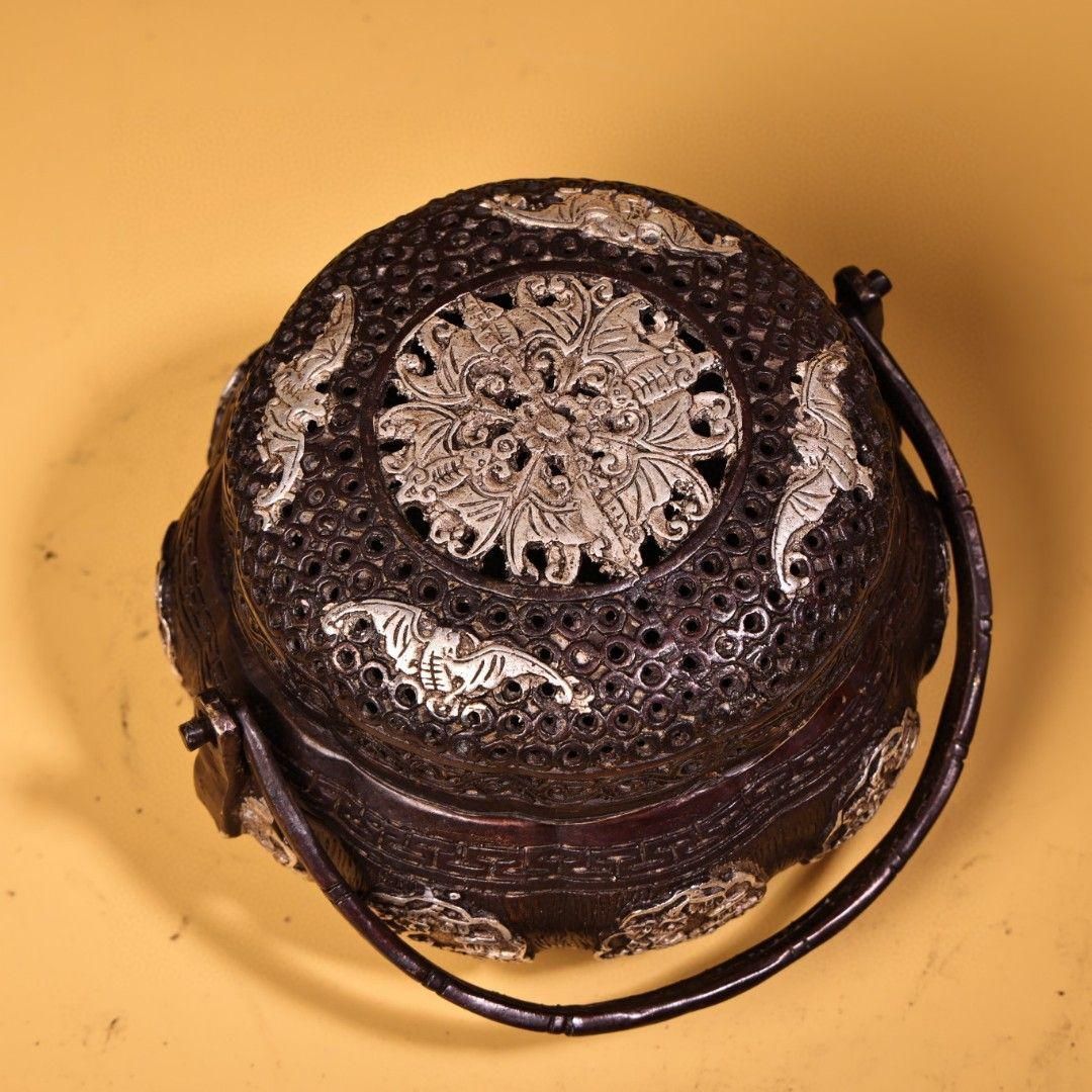 銅 細工 高浮彫鏨刻銀温手炉 香炉 提梁炉 香道具 装飾品