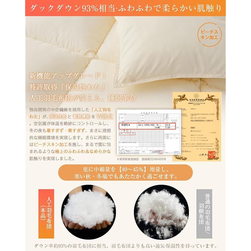Softime 掛け布団 人工羽毛布団 セミダブル 冬 ダックダウン93 相当 宇宙服素材エアロゲル採用 羽毛布団より軽量 保温 体にフィットする立体キルト 帝人FWALINE使用保温力 肌掛け布団 軽くて暖かい 冬用 掛けふとん あったか ホコリ出にくい