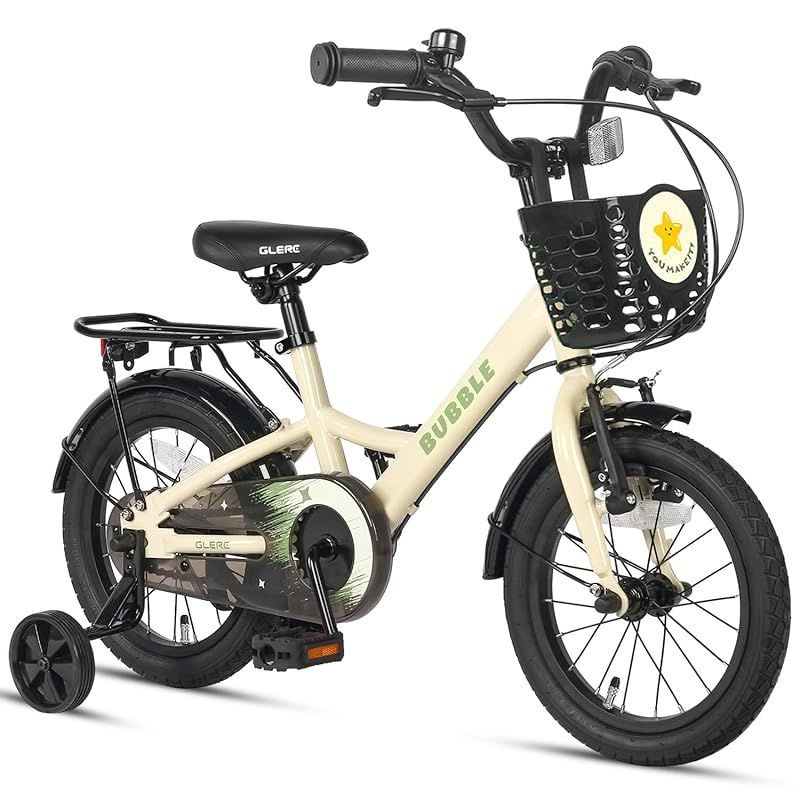 Glerc Bubble子供用自転車 14インチ 可愛い星柄 3歳 4歳 5歳 男の子かっこいい自転車 補助輪|キックスタンド 16インチ |前後輪ブレーキ|前かご|リアキャリア|泥除け付き ベージュ 0