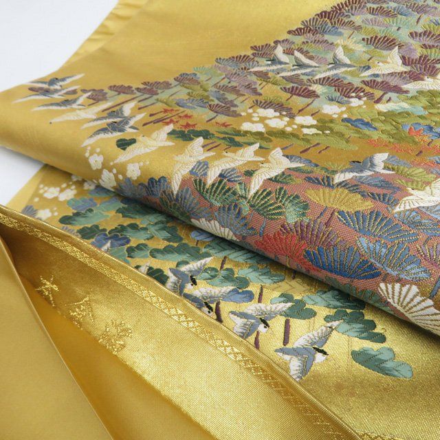 袋帯 未使用 正絹 六通 本金箔 花鳥模様 引箔 多色 金 A1232-13