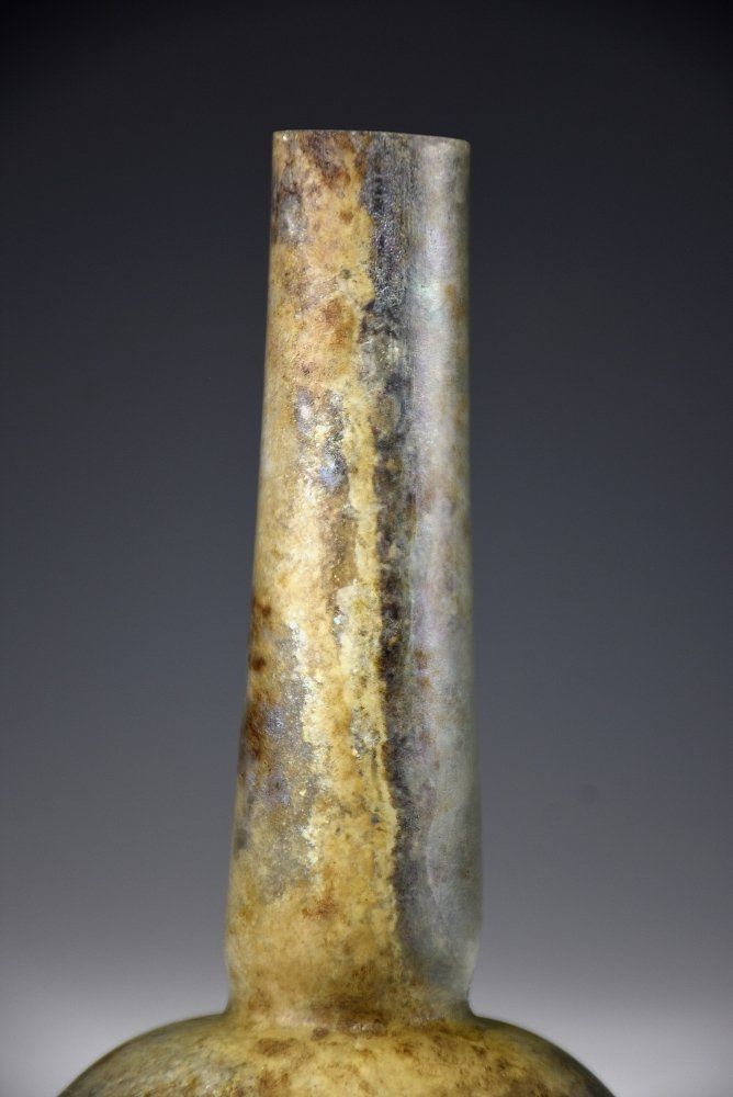 蔵C8372】古代ローマンガラス 銀化薄手瓶 香油瓶 一輪挿し 用心