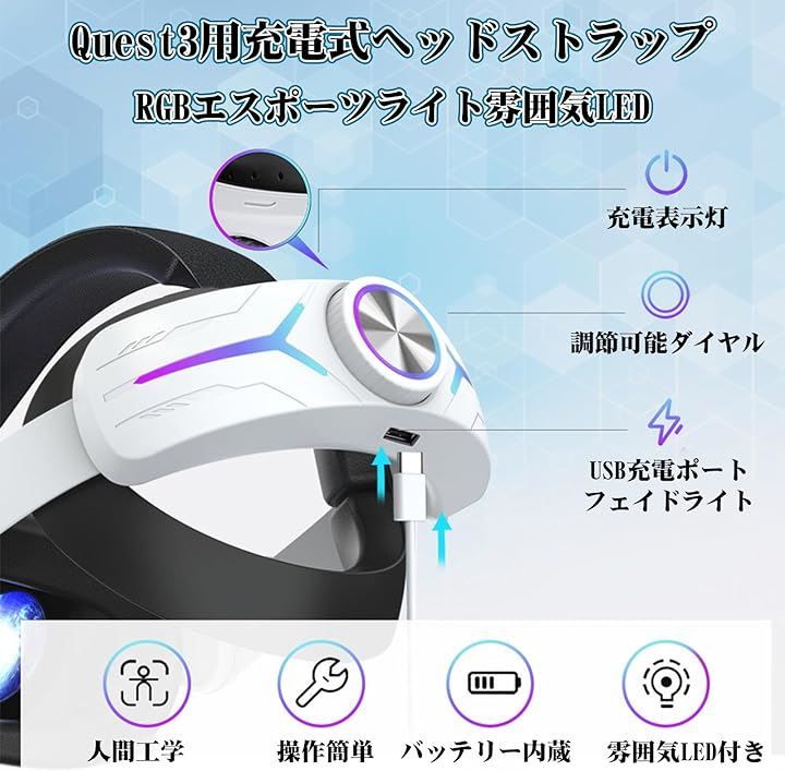 ISTATSO 互換品2点セット Meta Quest3用ヘッドストラップ 充電式