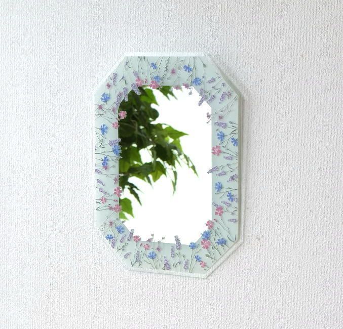 鏡 八角ミラー 壁掛け おしゃれ 壁掛けミラー ウォールミラー かわいい 八角形 大きい 幸運 花 フラワー 八角ミラー L フィールドフラワーBL