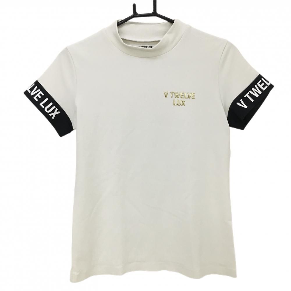 美品　V12 半袖　ゴルフハイネックシャツ 美品】V12 LUX 半袖ハイネックシャツ 白×黒 袖口ロゴ メンズ 0(S