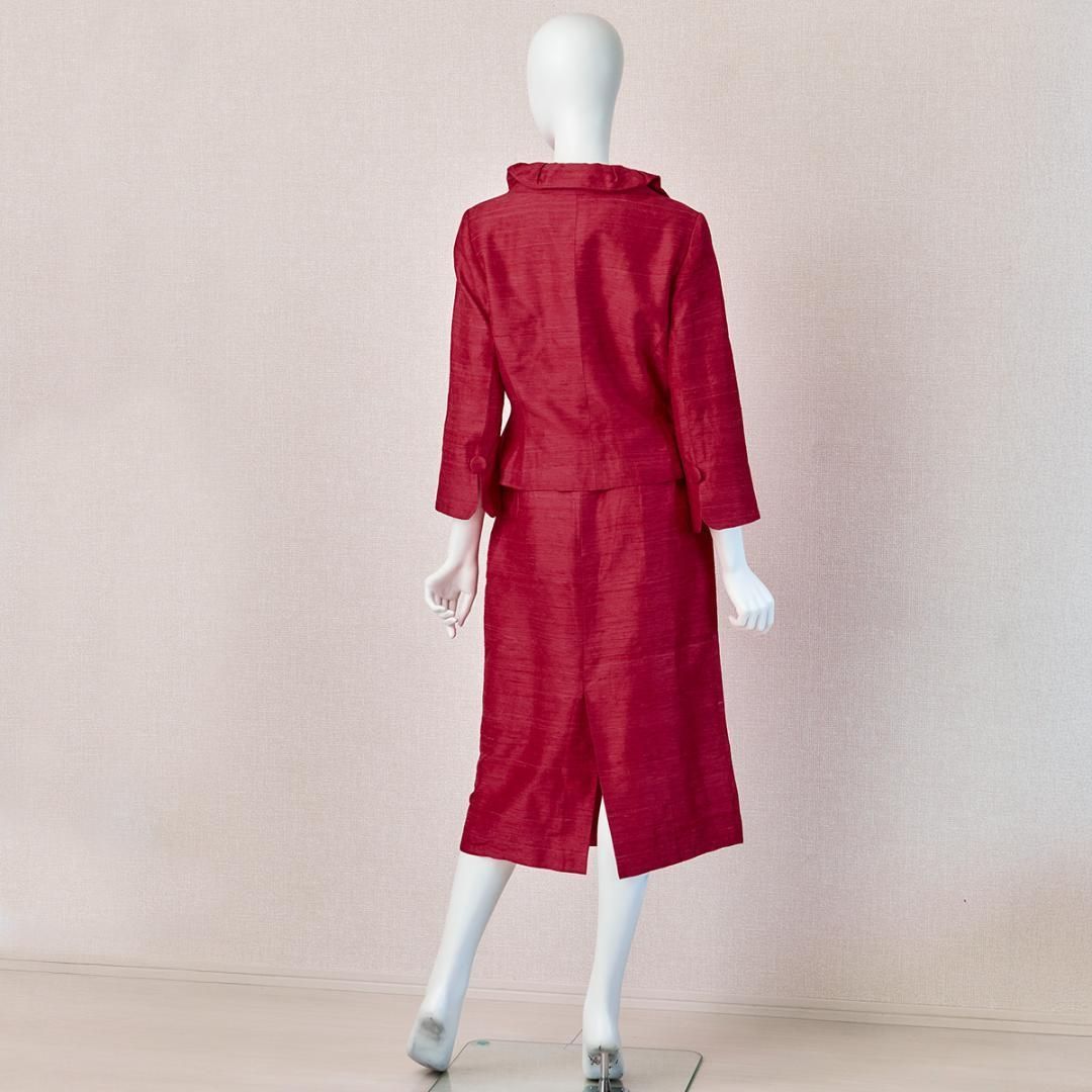  ユキトリイ セレモニー 9号 赤 シルク100％ ロング丈 スカートスーツ セレモニースーツ