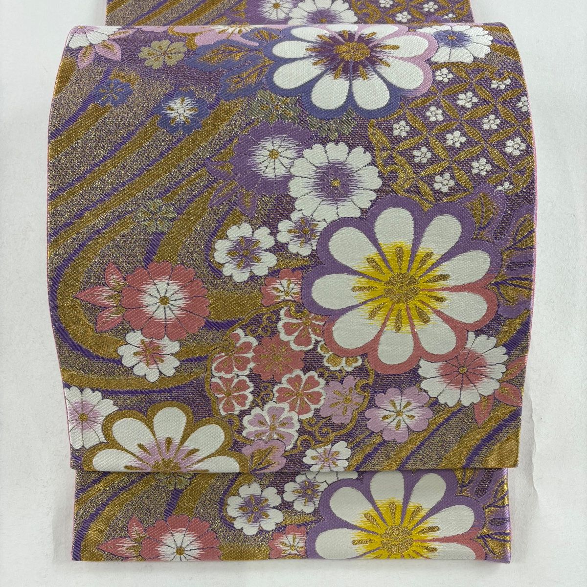 美品 袋帯 秀品 蜀江華文 波 箔 金銀糸 灰緑 六通 正絹