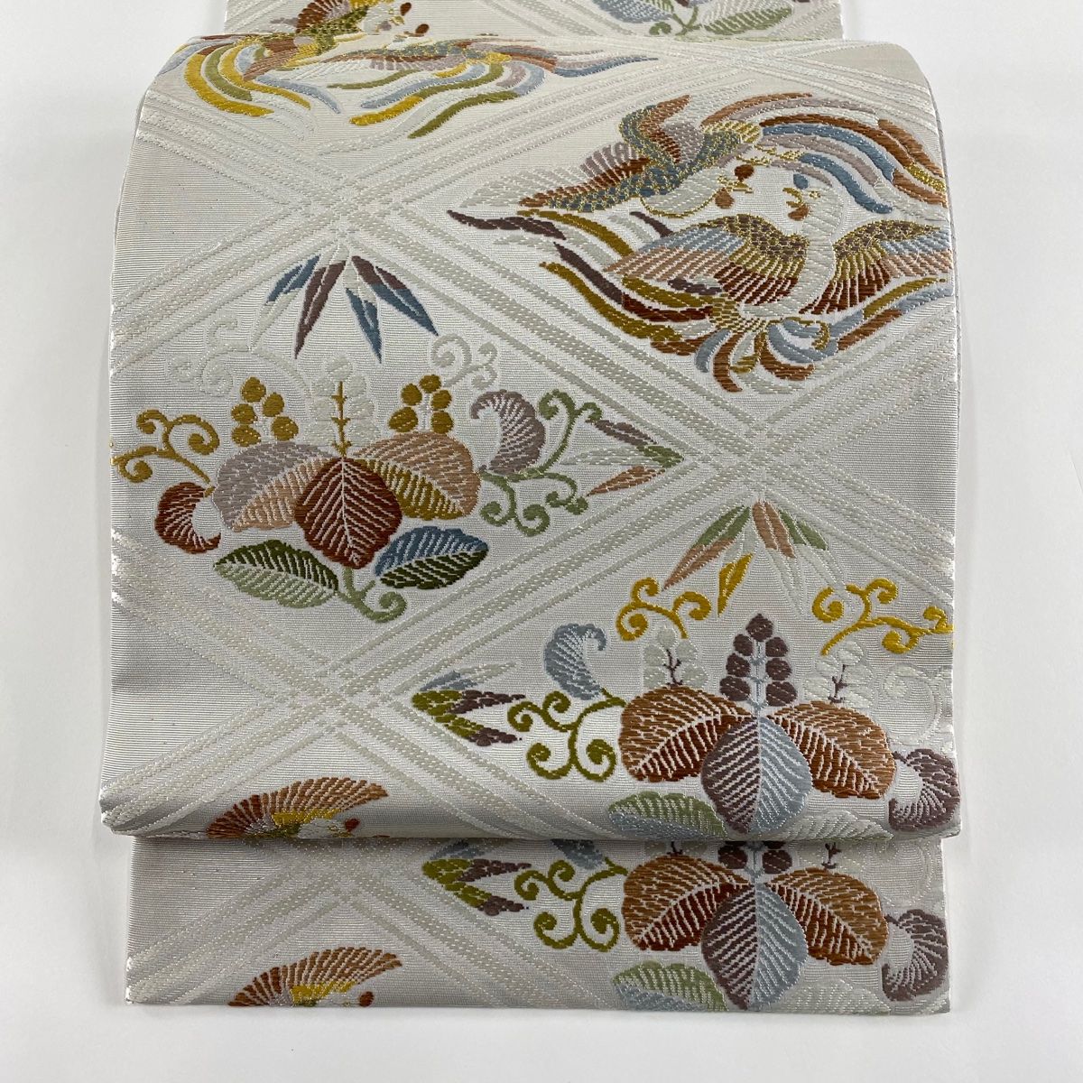袋帯 美品 秀品 鳳凰 桐唐草 箔 唐織 灰白 六通 正絹 【中古