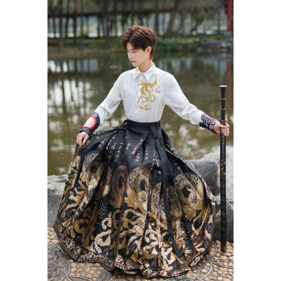 メンズレディース中華伝統的漢服 ロング丈プリーツシャツ